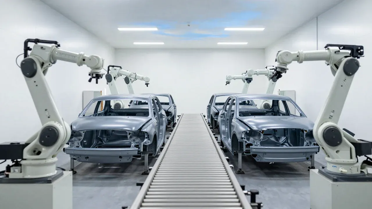 Car bodies in white on a production line between industrial robots