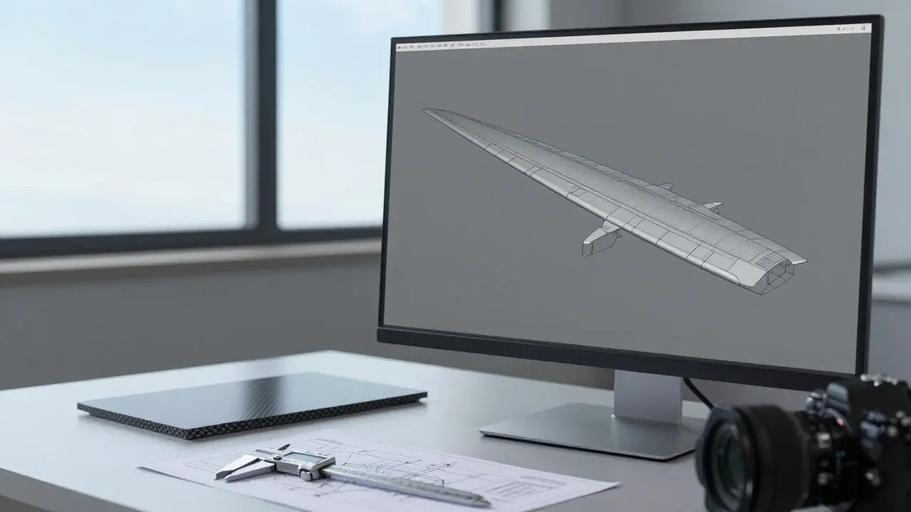 Workstation with a CAD model of an aircraft wing, a carbon sample and a caliper