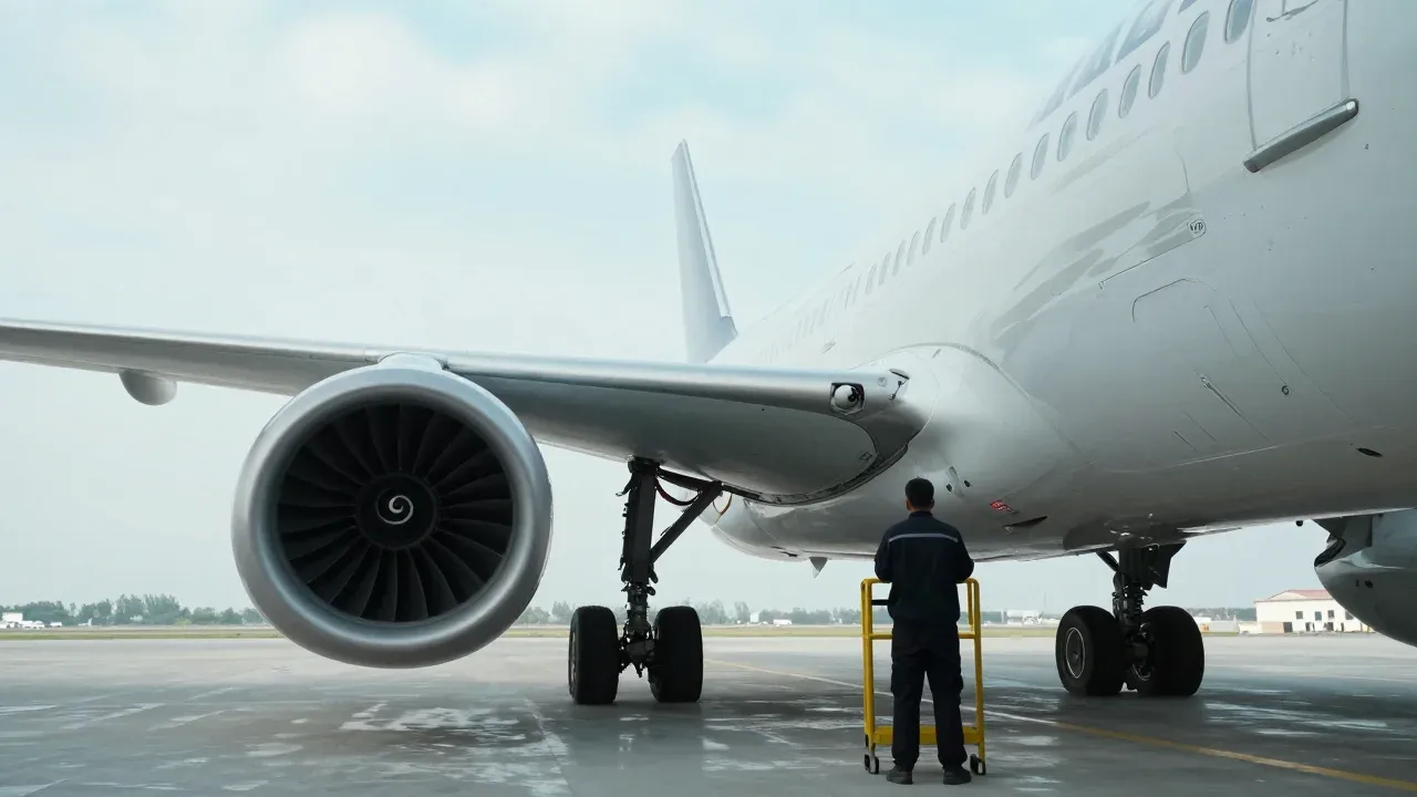 Technician inspecting the wing and engine of a commercial aircraft