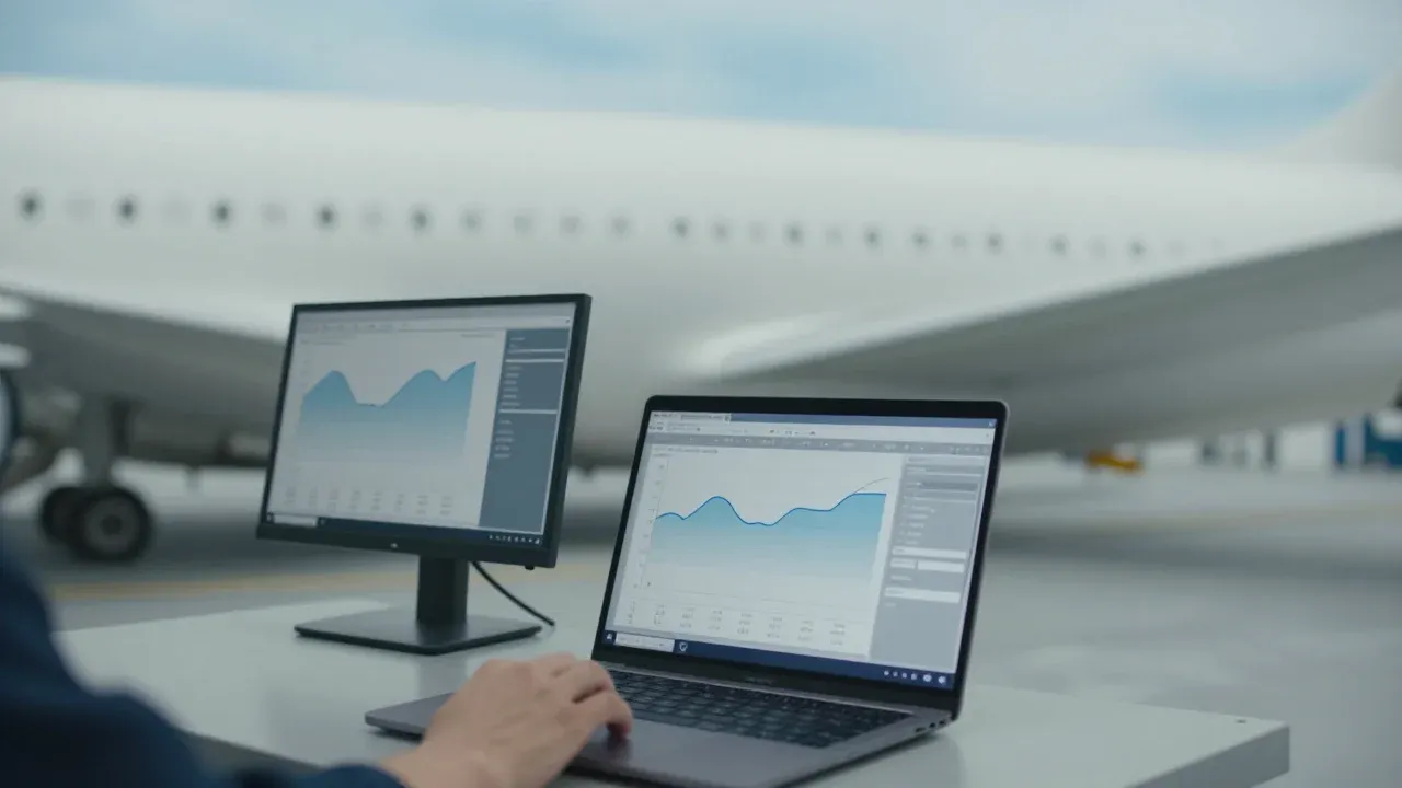 Laptop und Monitor mit Auswertungsdiagrammen vor einem Verkehrsflugzeug