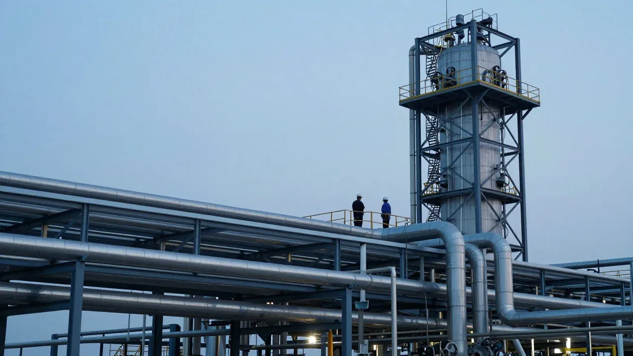 Pipelines and steel structure of a power plant, two engineers wearing hard hats