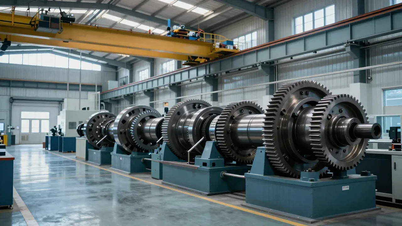 Large gearboxes and shafts in a machine-building hall with an overhead crane