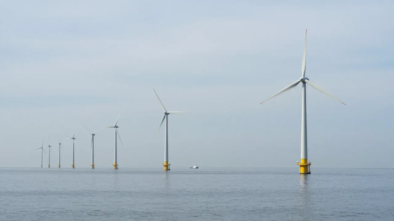 Offshore wind farm on a calm sea with a service vessel