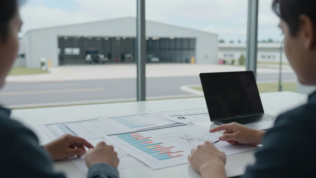 Two people discussing project plans and schedules at a table overlooking a hangar