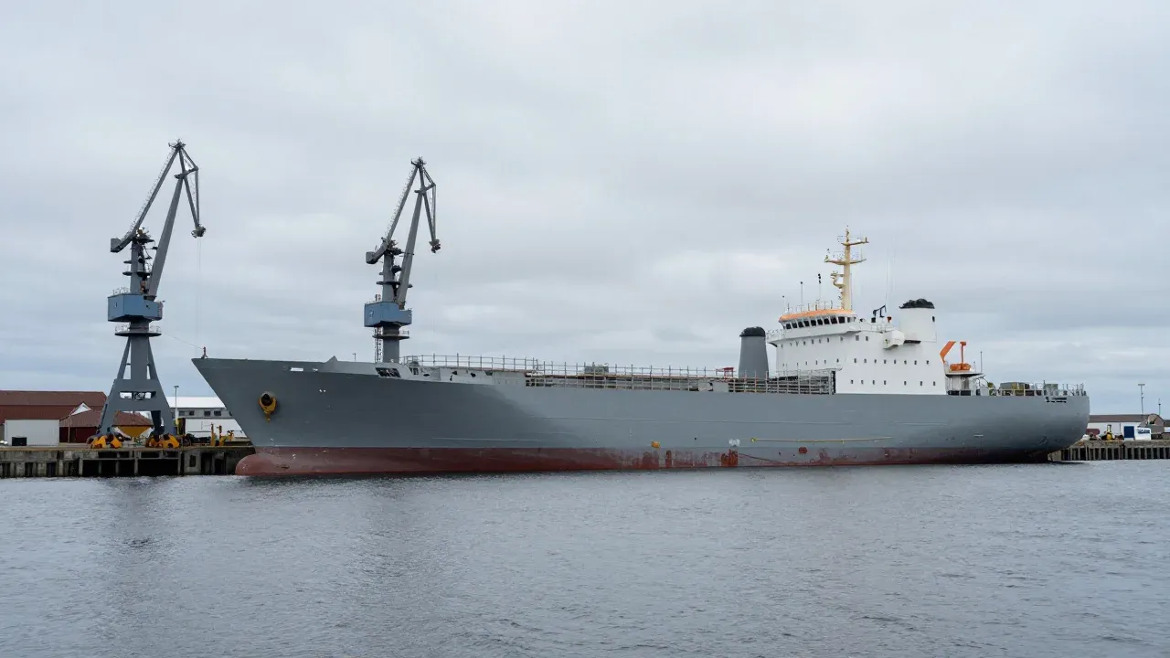 Large ship at the quay of a shipyard with two shipyard cranes